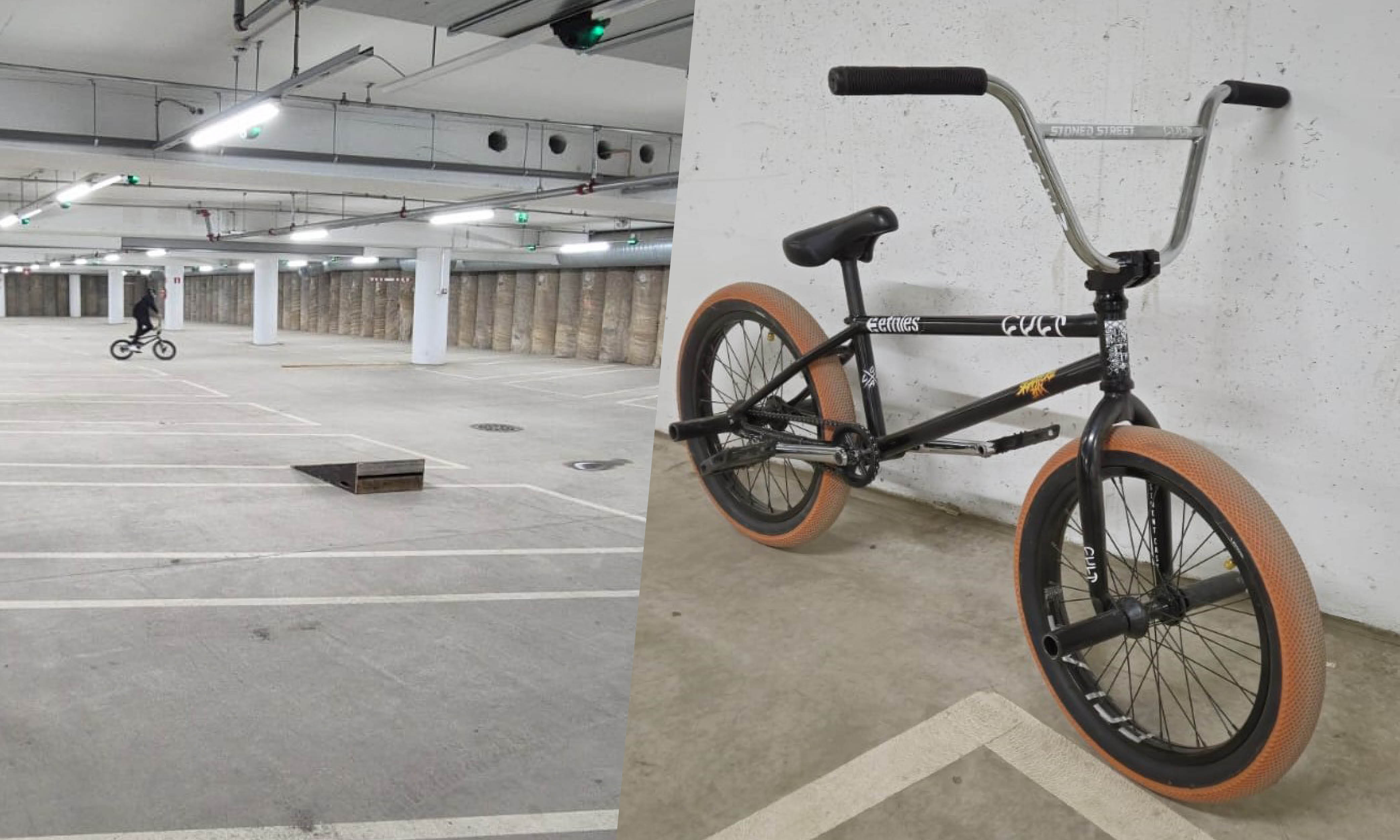 Kuva on jaettu kahteen osaan: vasemmalla kuva parkkihallista, jossa hyppyri ja nuori ajamassa BMX-pyörällä. Oikealla musta-oranssi BMX-pyörä nojaamassa seinään.